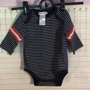 BABYWORKS - baby boy's onesie, sz 0-3 mo dark blue, STRIPES, LONG SLEEVES,